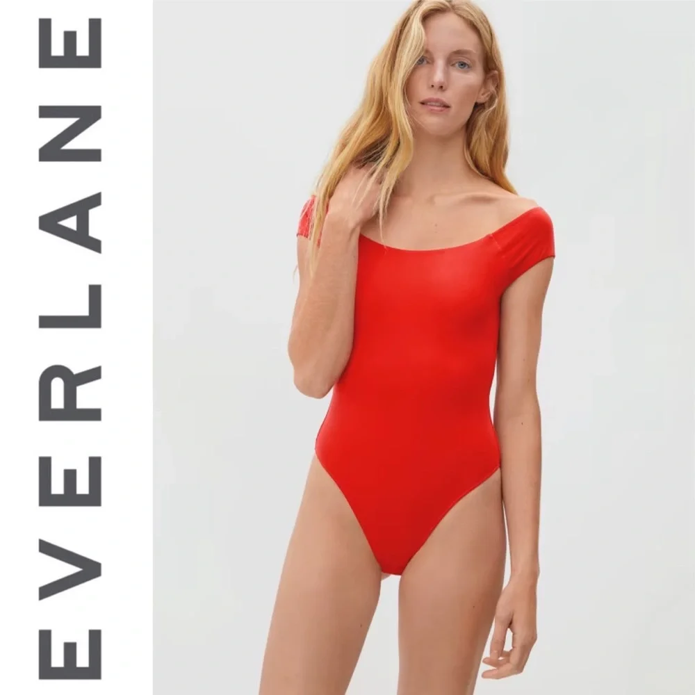 EVERLANE The Off the Shoulder Bodysuit In Scarlet Red NWT Thong M - Picture 1 of 10